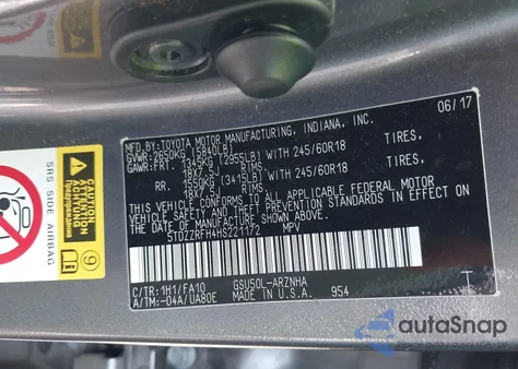 2017 Toyota Highlander Le Plus from USA, damaged, VIN 5TDZZRFH4HS221172